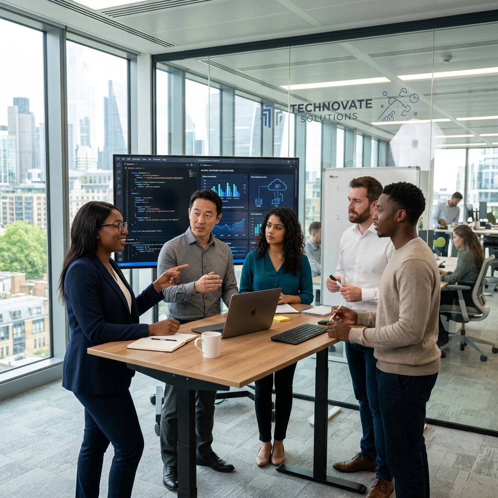 Professional IT team collaborating on technology solutions in a modern office