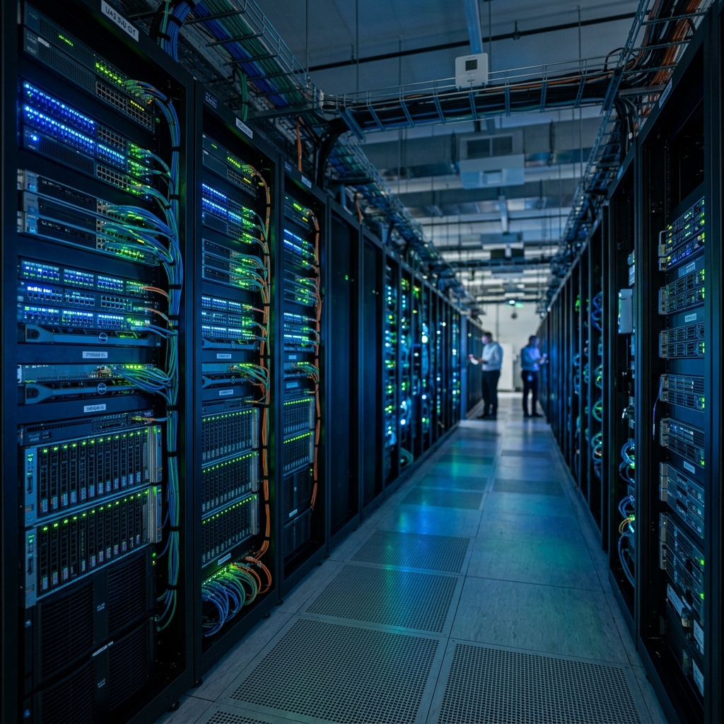 Professional data center infrastructure with server racks and networking equipment